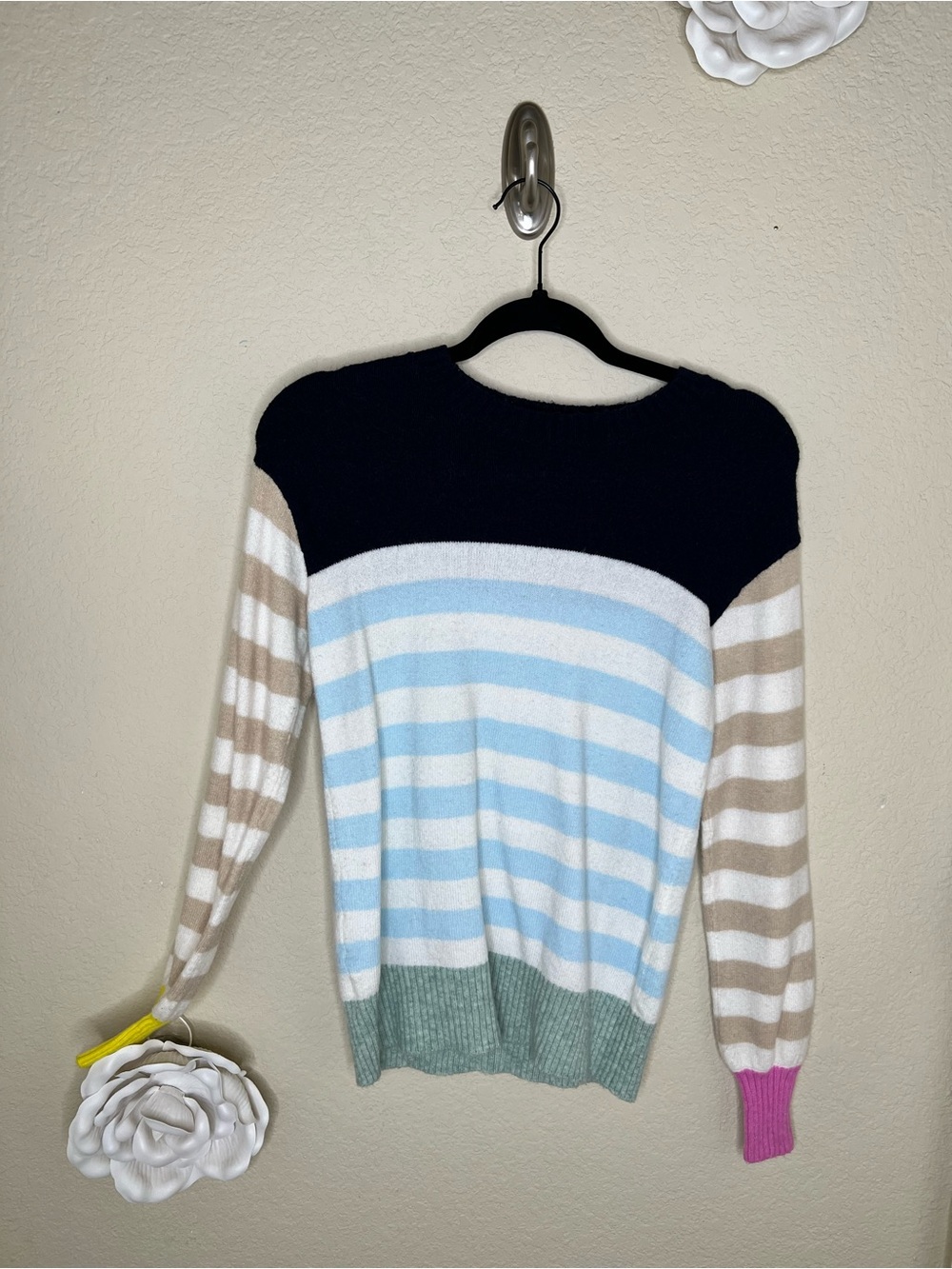 NTM: LOFT Striped Colorblock Statement Sweater Mismatched Cuffs XS